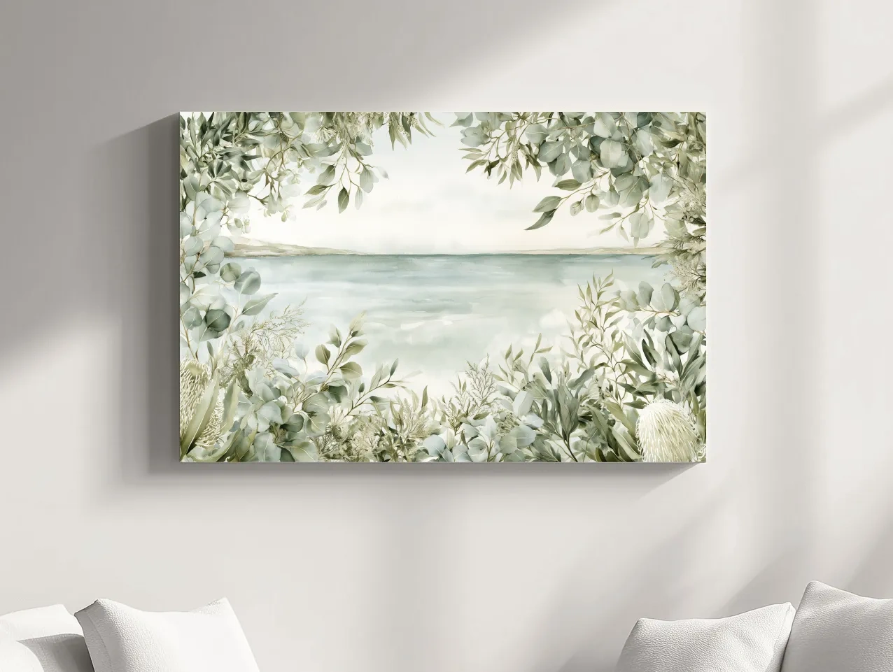 Coastal Eucalyptus Botanical Illustration - Serene Beach Wall Art