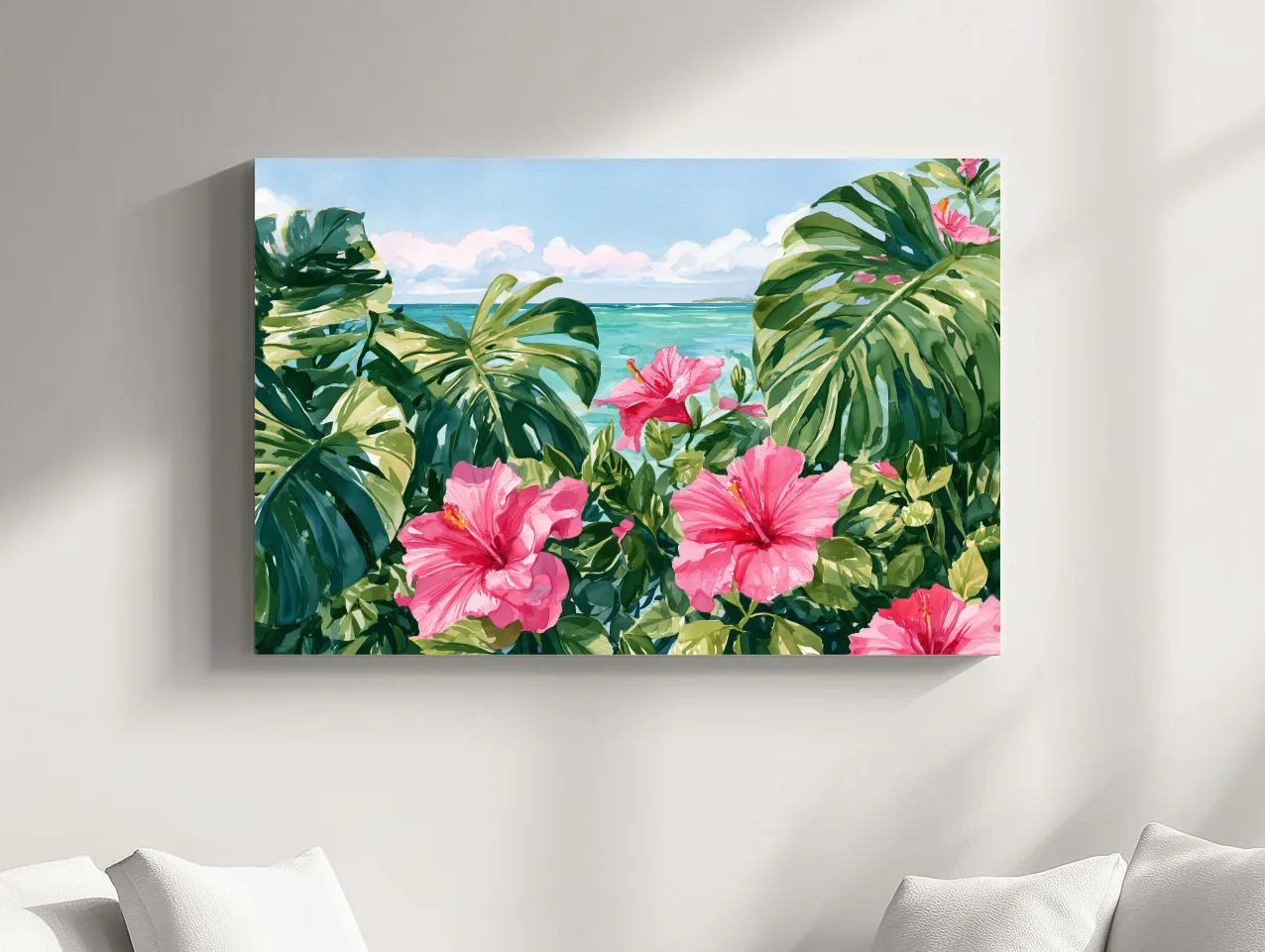 Tropical Monstera Hibiscus Watercolour - Botanical Beach Wall Art