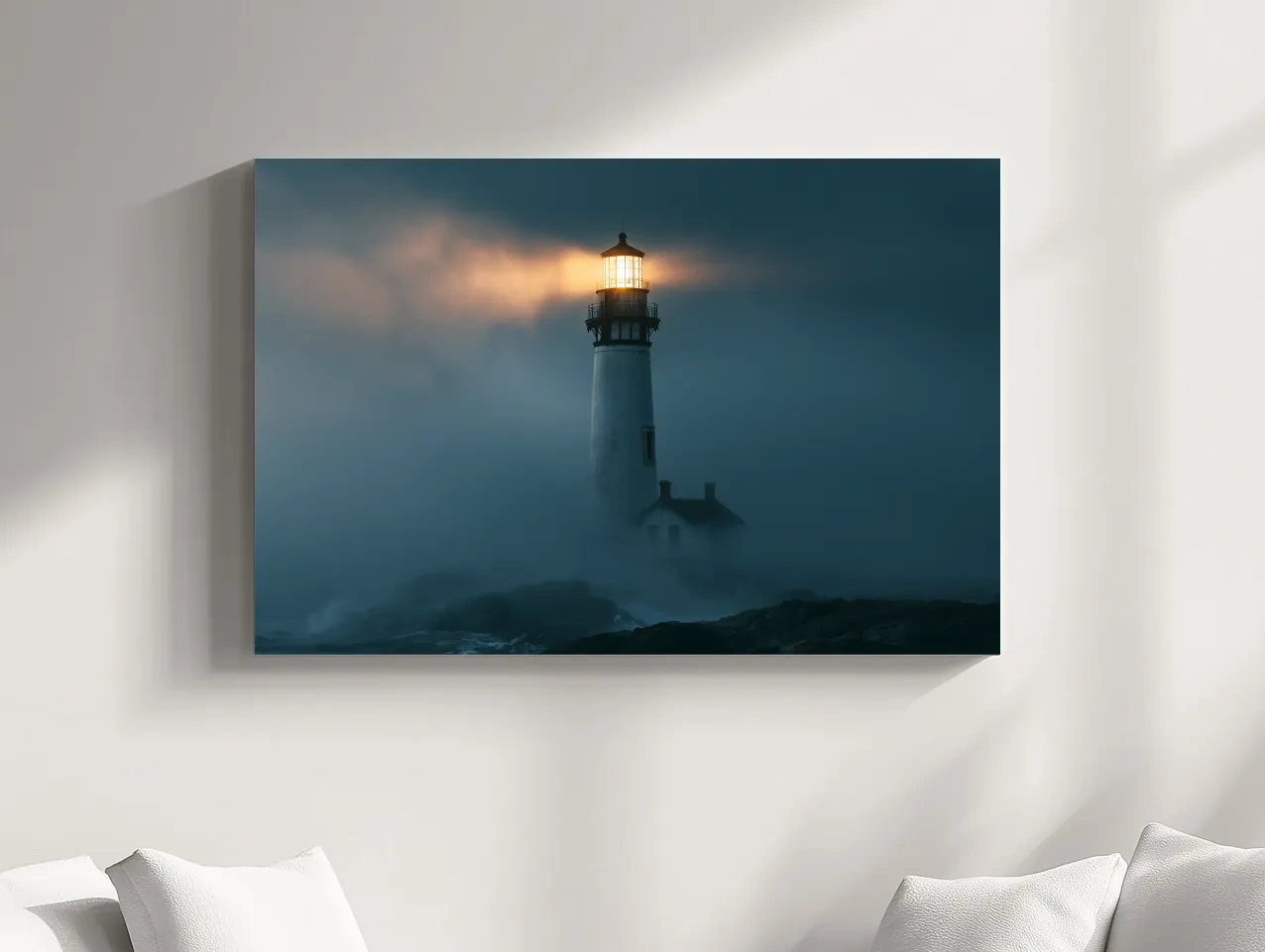 Misty Lighthouse at Dusk - Dramatic Photographic Coastal Wall Art