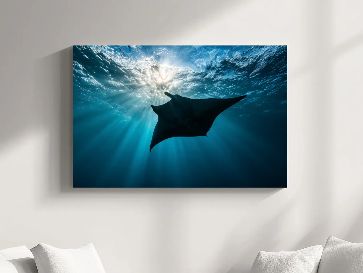 Majestic Manta Ray Silhouette - Sunlit Underwater Photographic Art