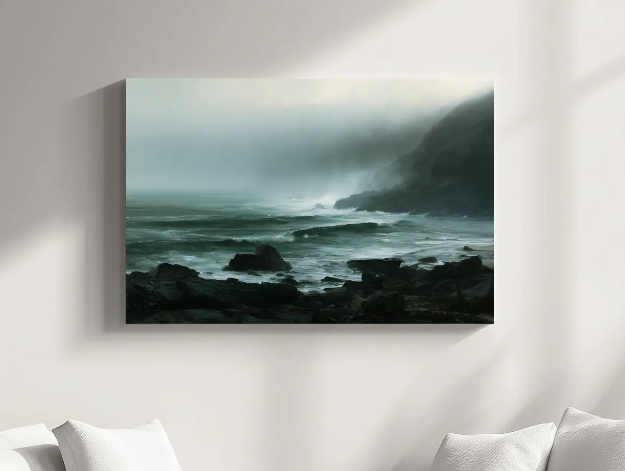 Misty Rocky Coastline Painting - Dramatic Foggy Seascape Wall Art