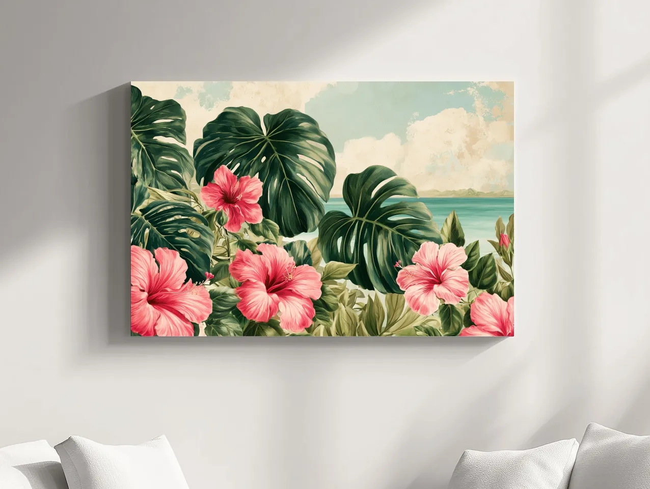 Tropical Hibiscus And Monstera Watercolour - Coastal Botanical Wall Art