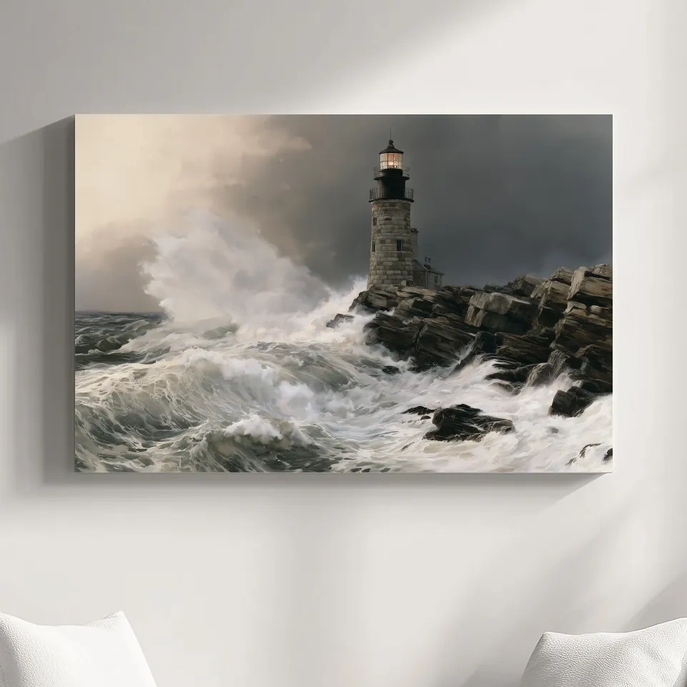 Stormy Lighthouse Seascape Painting - Dramatic Waves Wall Art