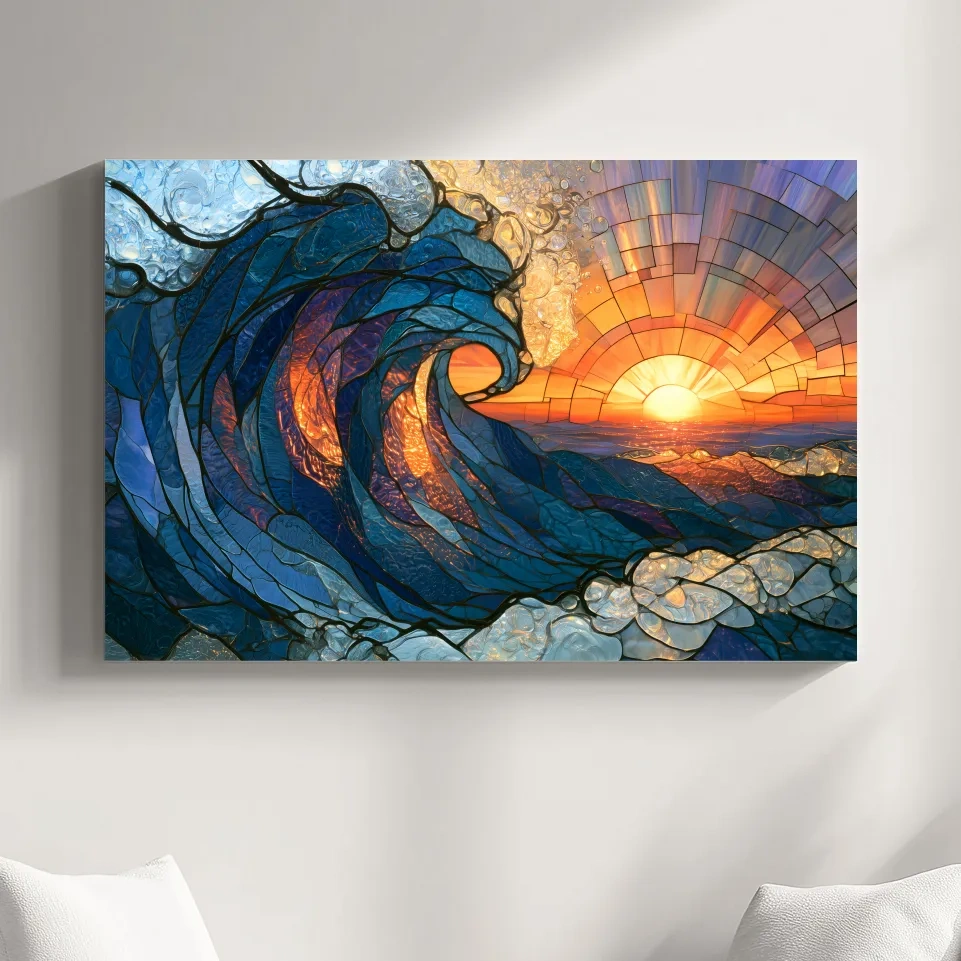 Stained Glass Crashing Wave Sunset - Mosaic Ocean Wall Art
