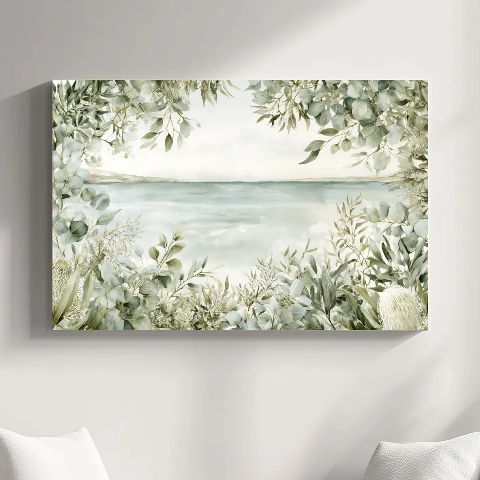 Coastal Eucalyptus Botanical Illustration - Serene Beach Wall Art