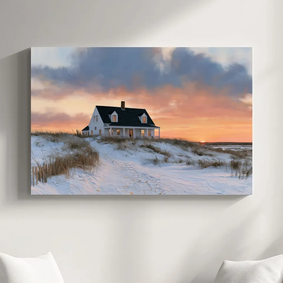 Beach House Sunset Dunes - Coastal Landscape Painting Wall Art