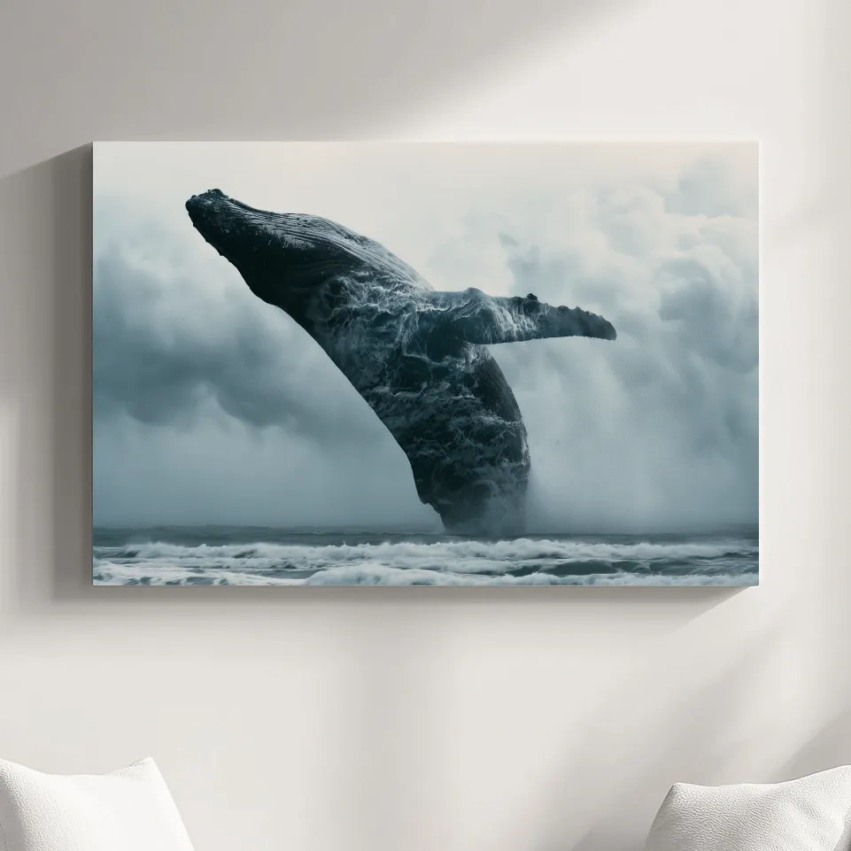 Surreal Humpback Whale Double Exposure - Stormy Ocean Illustration Wall Art