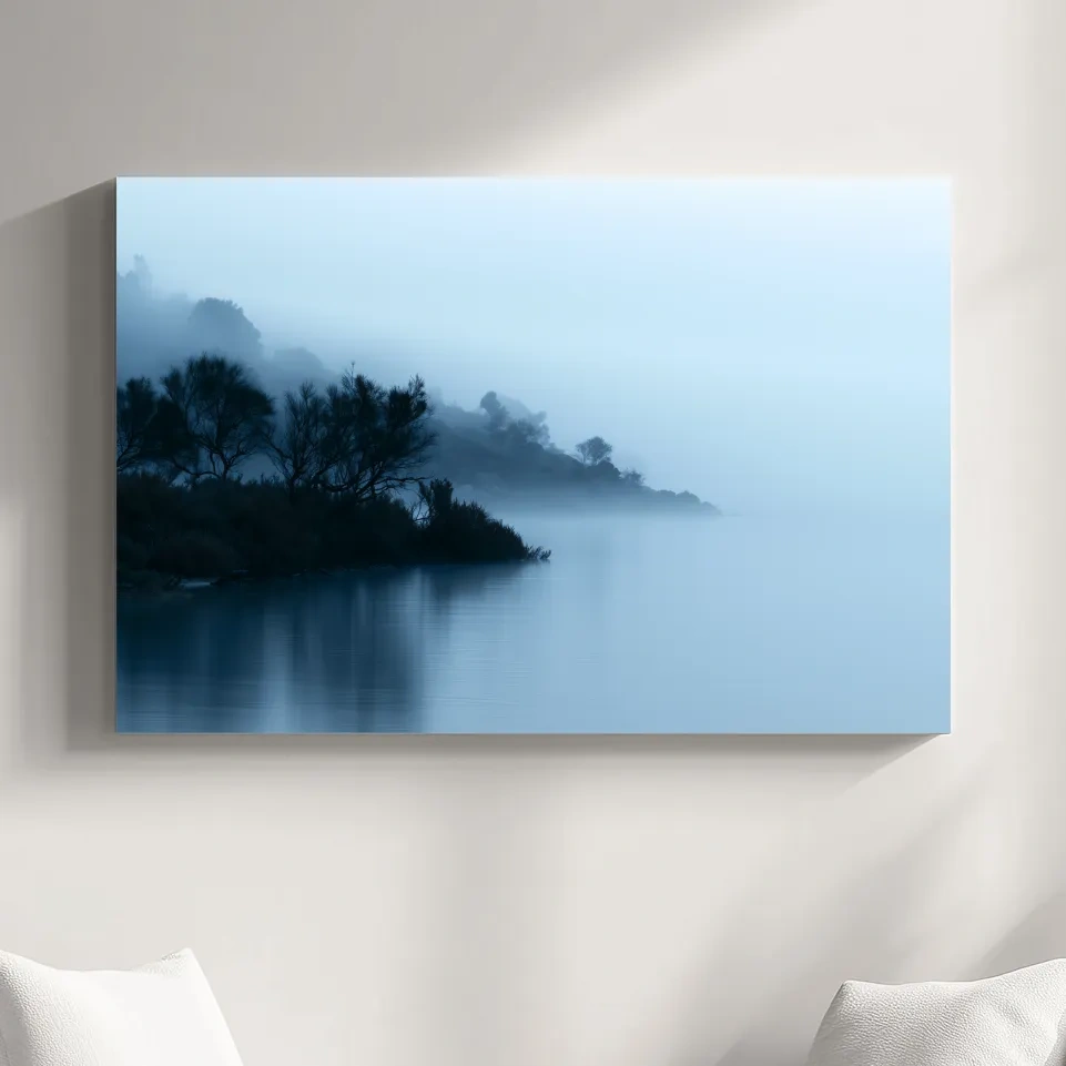 Misty Lakeshore Trees - Minimalist Photographic Wall Art