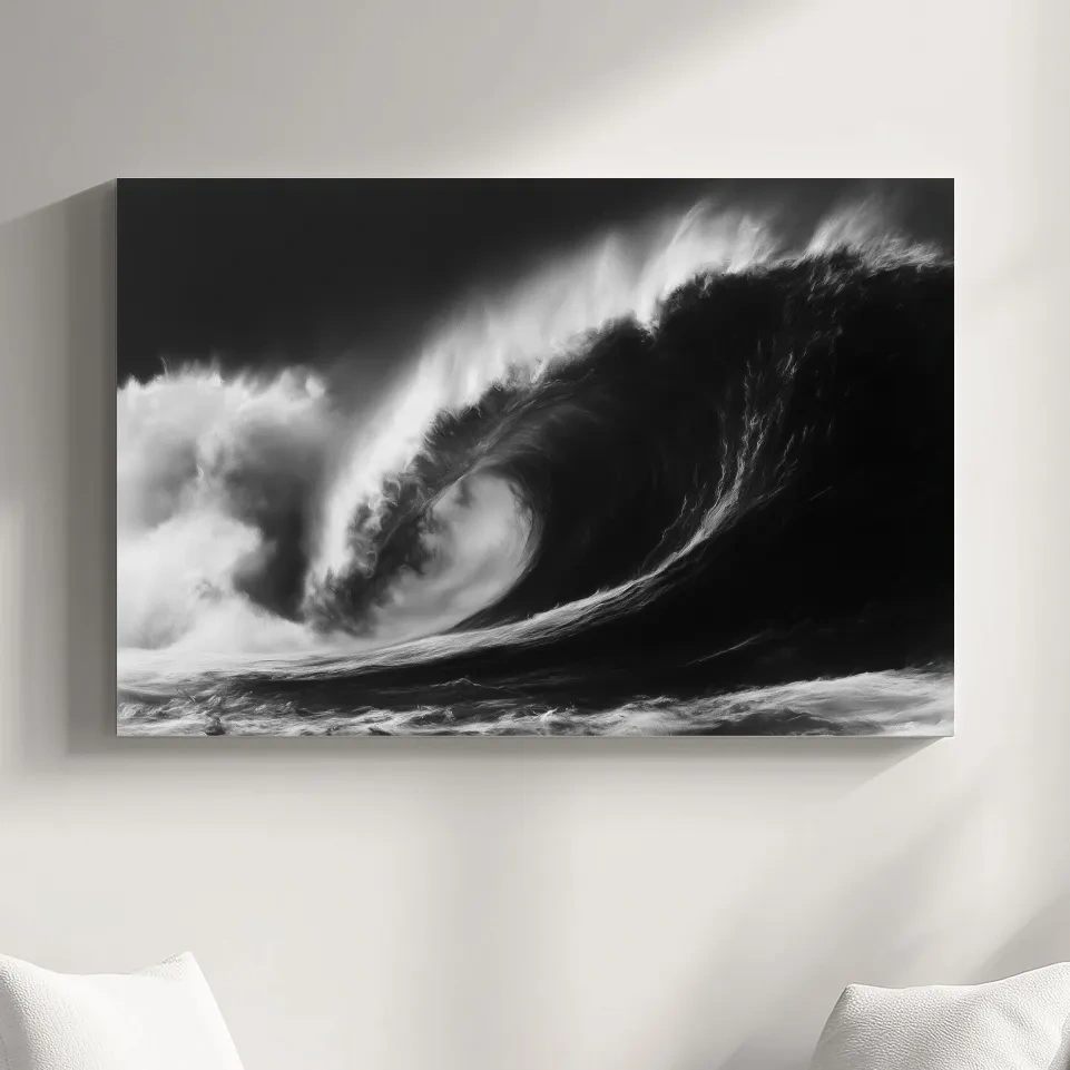 Abstract Curling Wave Drawing - Dramatic Monochrome Ocean Wall Art