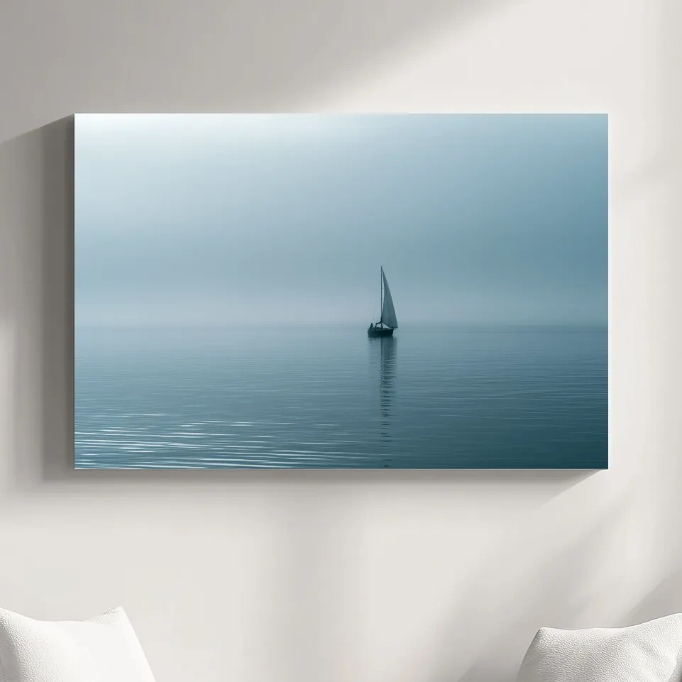 Misty Sailboat Horizon - Minimalist Photographic Ocean Wall Art
