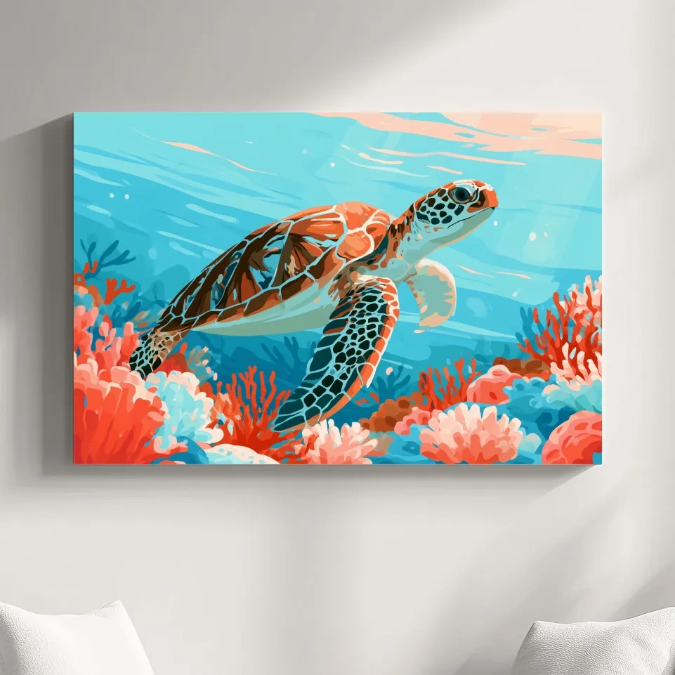Mid-Century Sea Turtle Reef Illustration - Minimalist Marine Life Wall Art