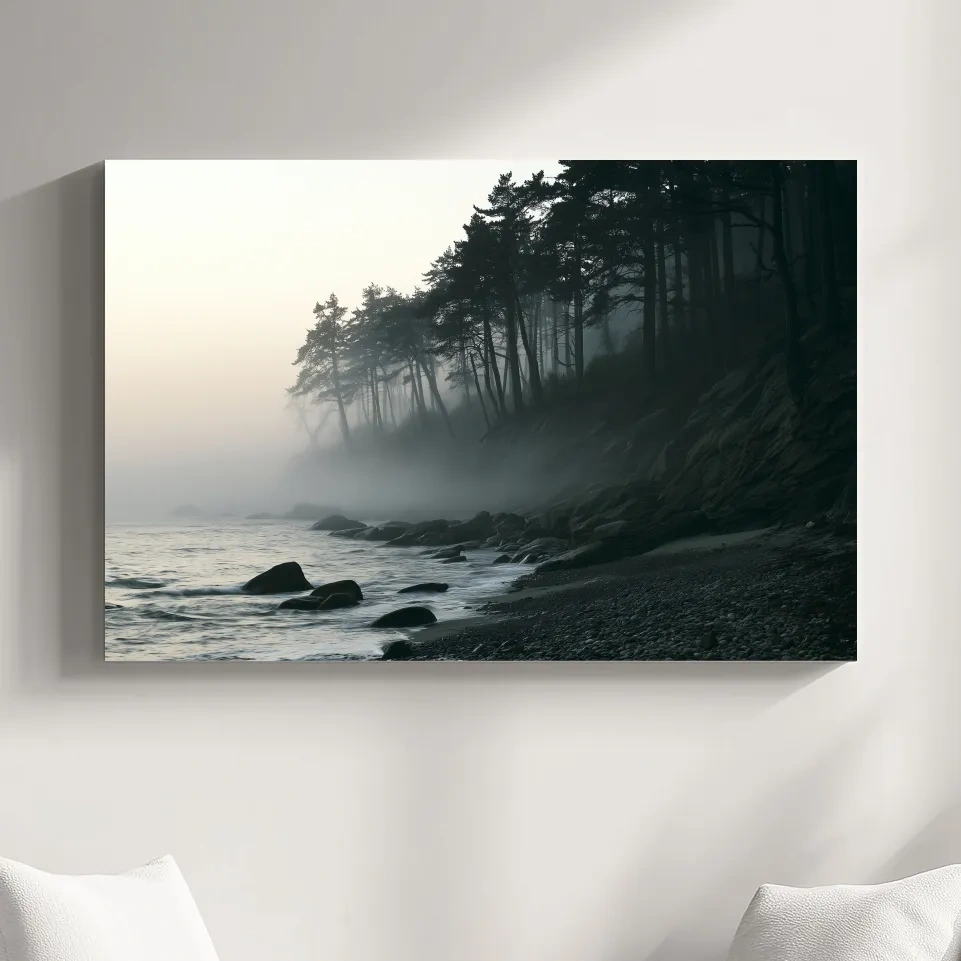 Misty Pebble Beach and Pine Forest - Photographic Coastal Wall Art