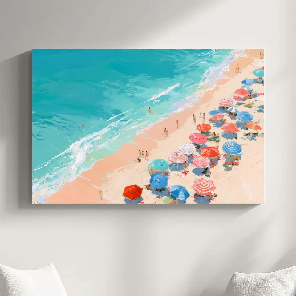 Aerial Caribbean Beach Umbrellas - Lively Ocean Painting Wall Art