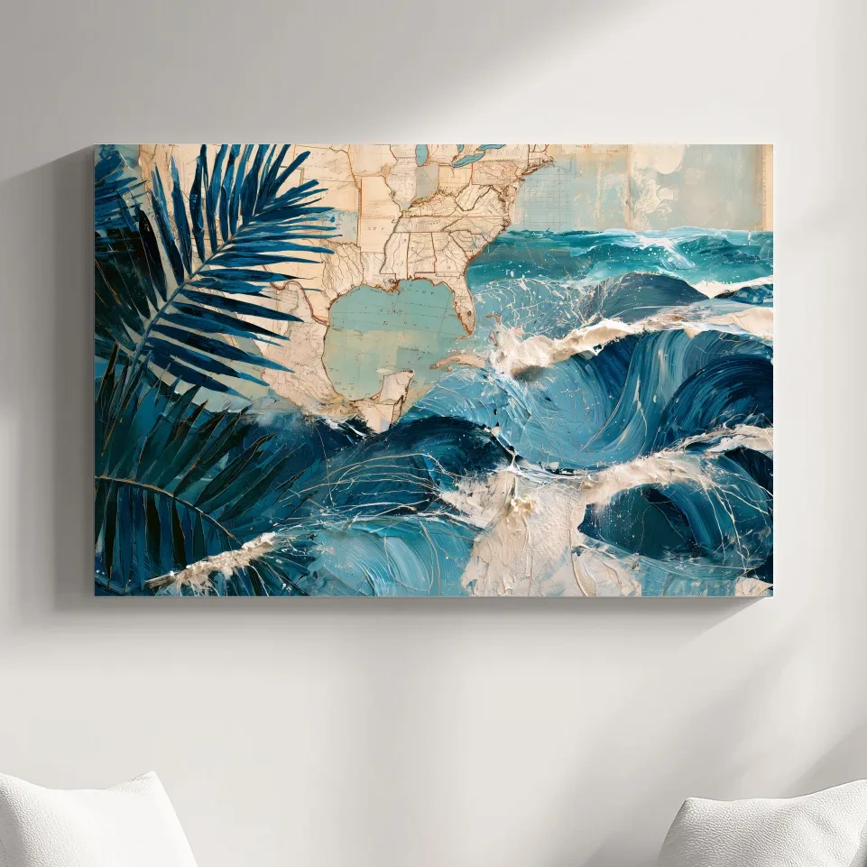 Tropical Palm Waves Map Collage - Mixed Media Ocean Wall Art