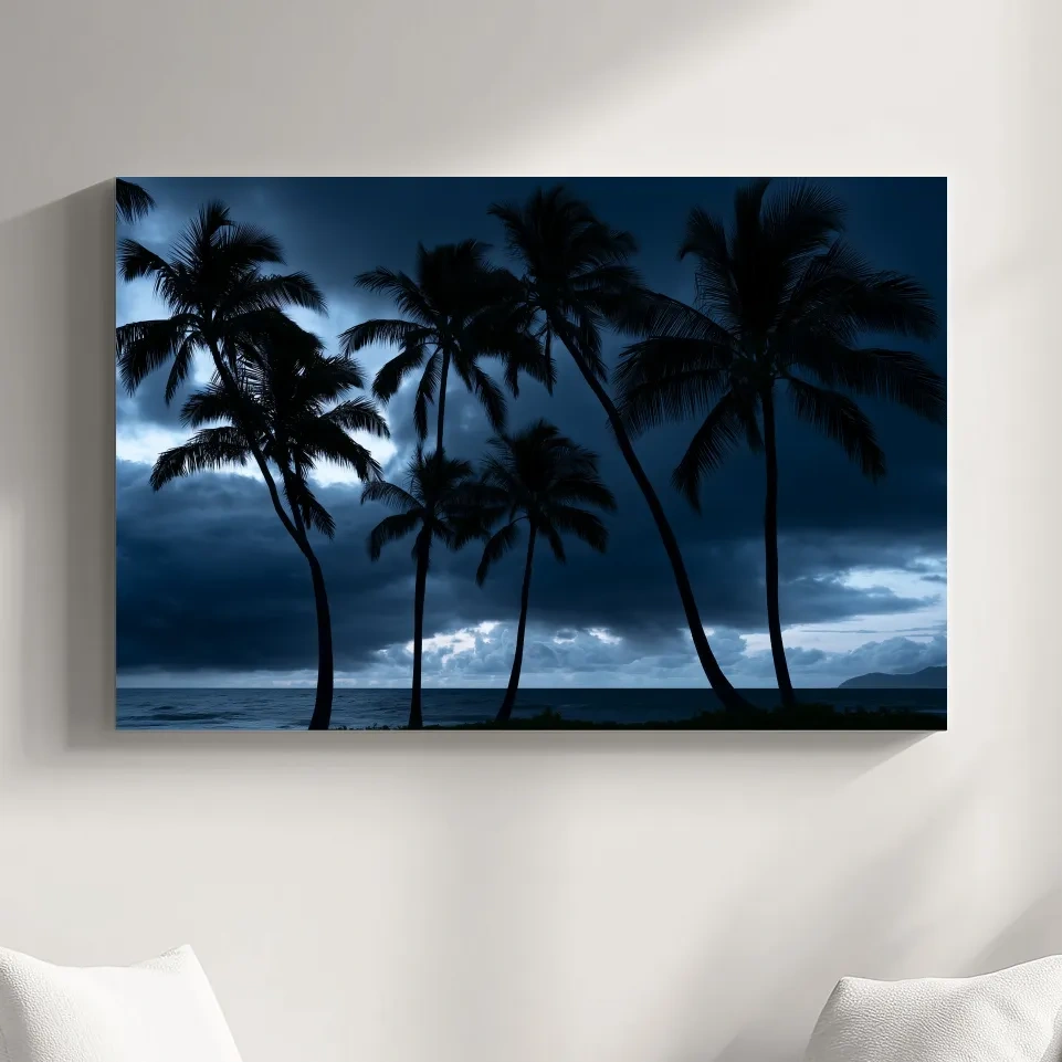 Misty Tropical Palm Silhouettes - Moody Photographic Seascape Wall Art