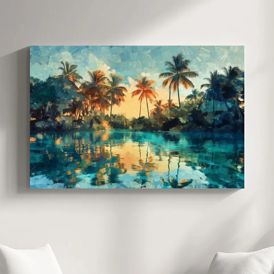 Tropical Lagoon Palm Reflections - Abstract Sunset Painting Wall Art
