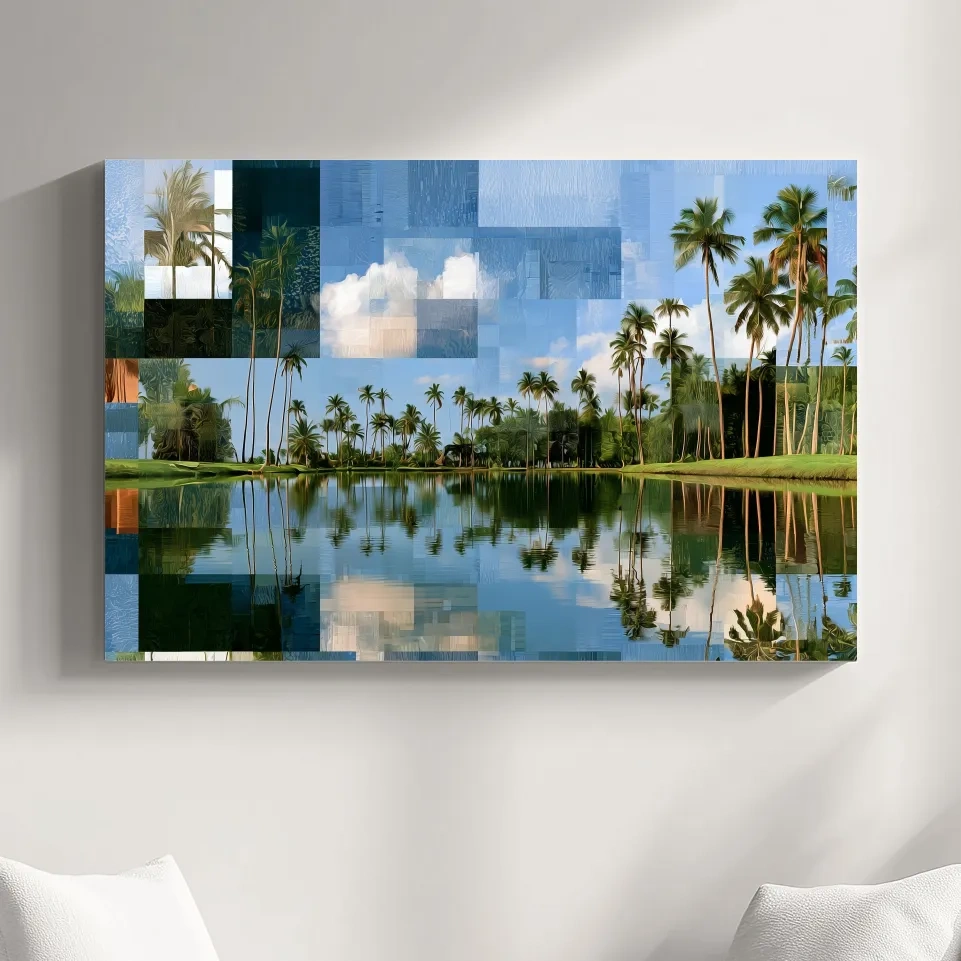 Geometric Tropical Lagoon Palm Reflections - Abstract Illustration Wall Art