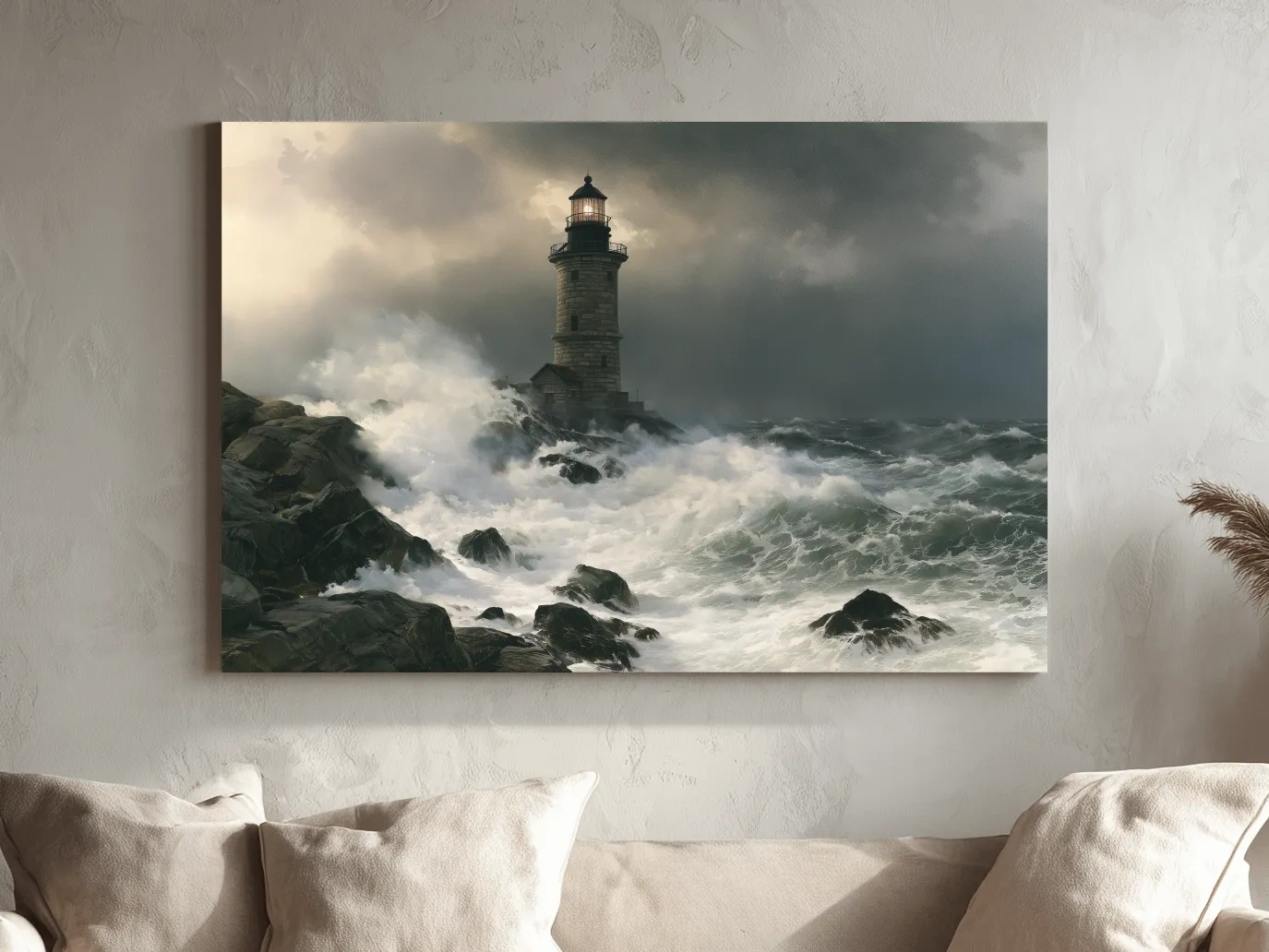 Stormy Lighthouse Seascape Painting - Dramatic Ocean Wall Art