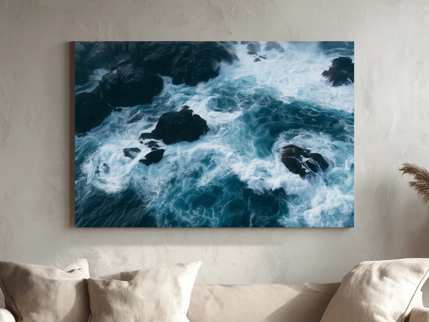 Aerial Crashing Waves Over Rocky Coast - Dramatic Photographic Wall Art