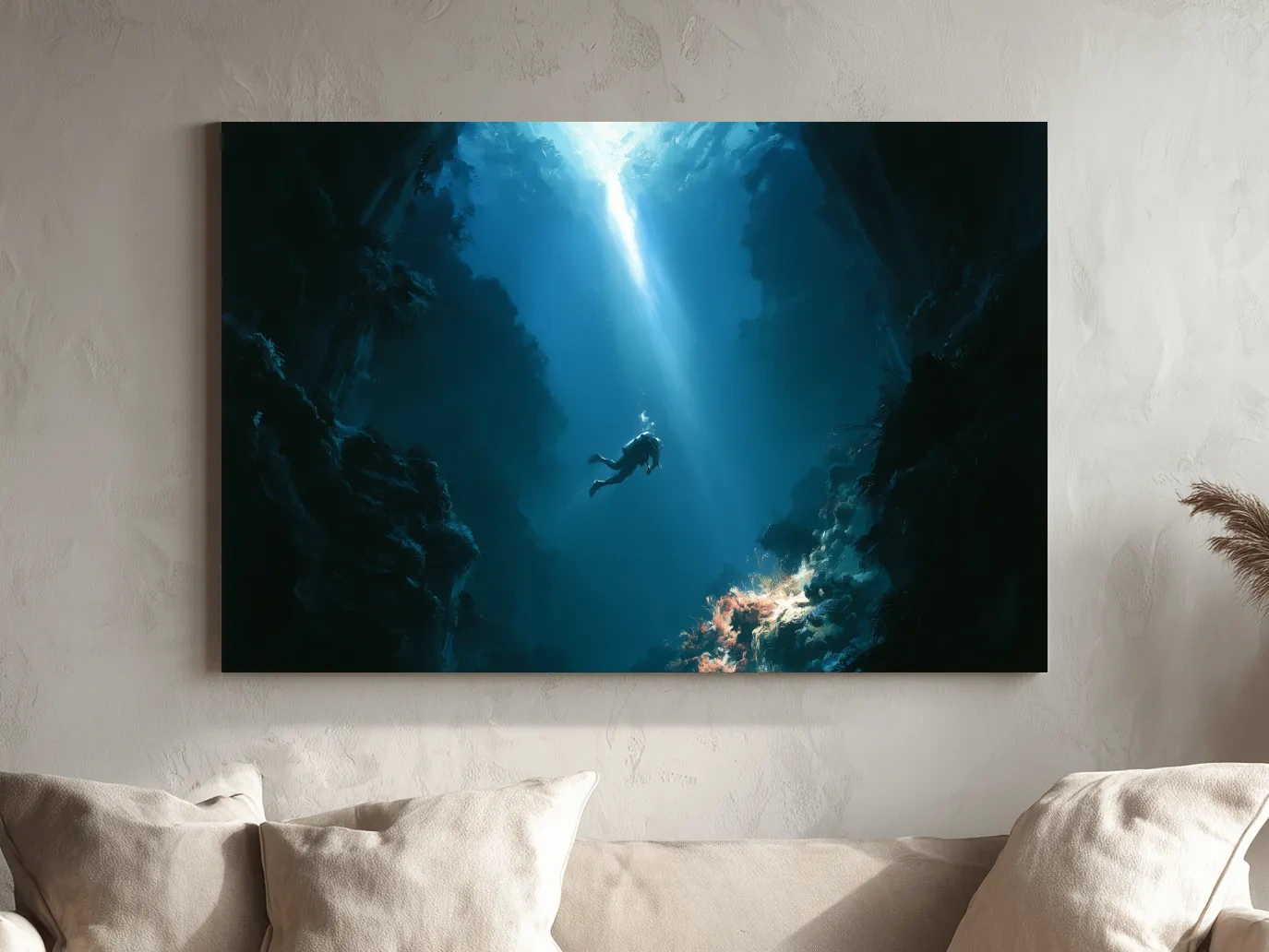 Surreal Underwater Scuba Diver Painting - Dramatic Deep Sea Wall Art