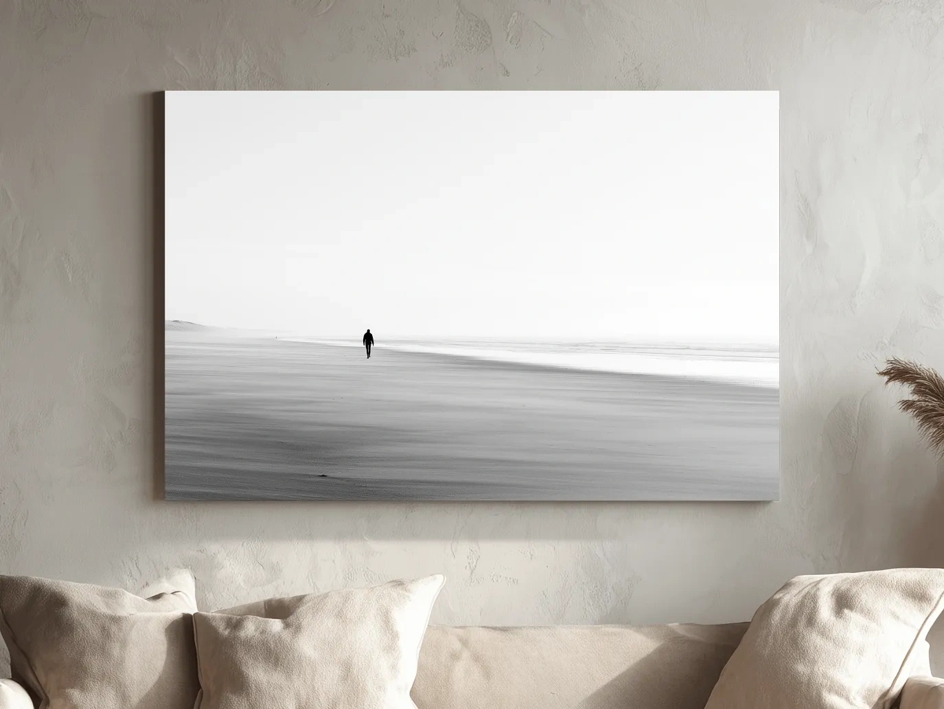 Misty Solitary Figure Beach Painting - Minimalist Shore Wall Art