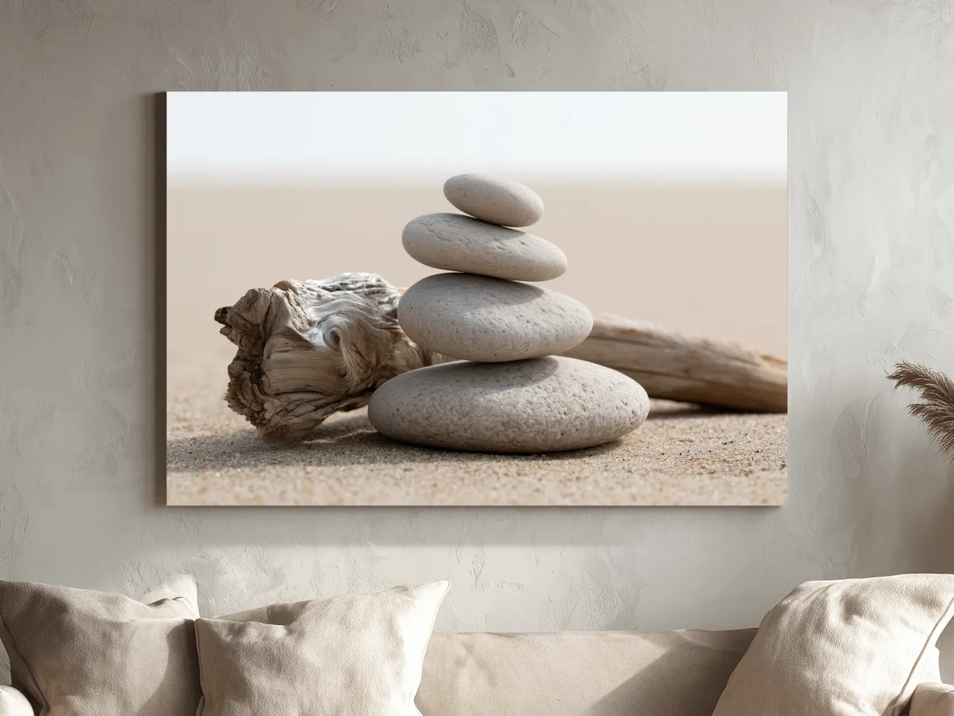 Balanced Pebble Cairn With Driftwood - Minimalist Beach Photographic Wall Art