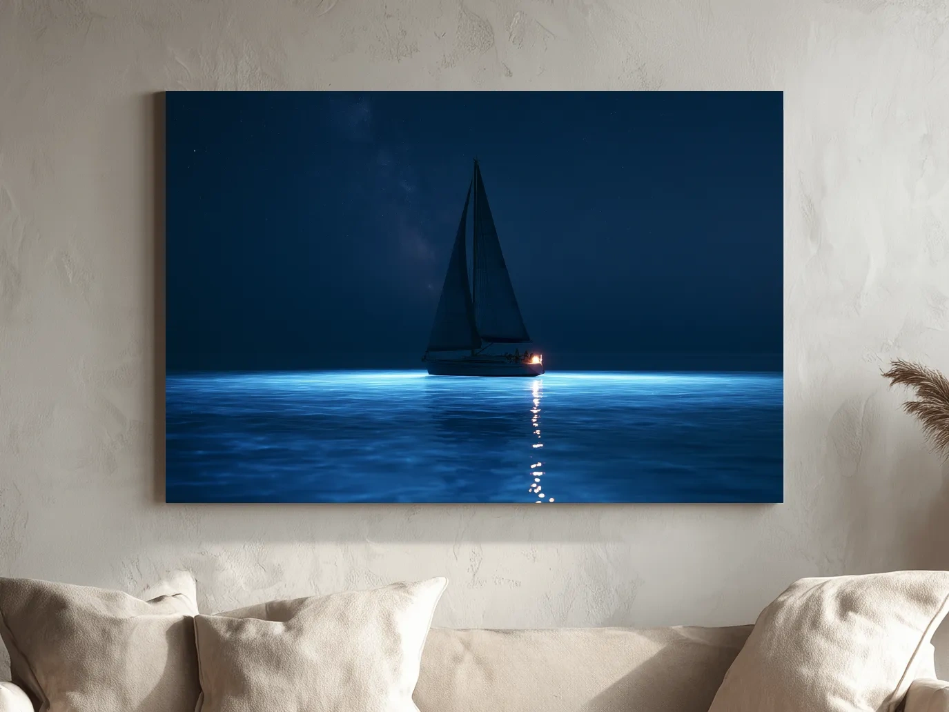 Moonlit Sailboat Silhouette - Surreal Photographic Ocean Wall Art