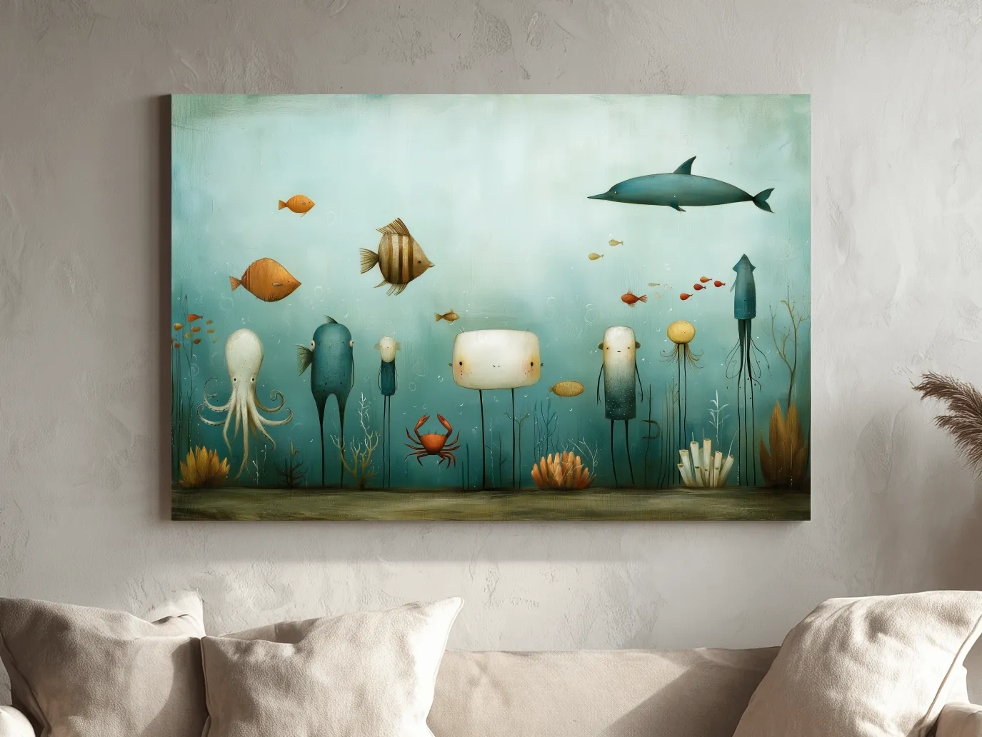 Whimsical Underwater Marine Life Painting - Quirky Folk Art