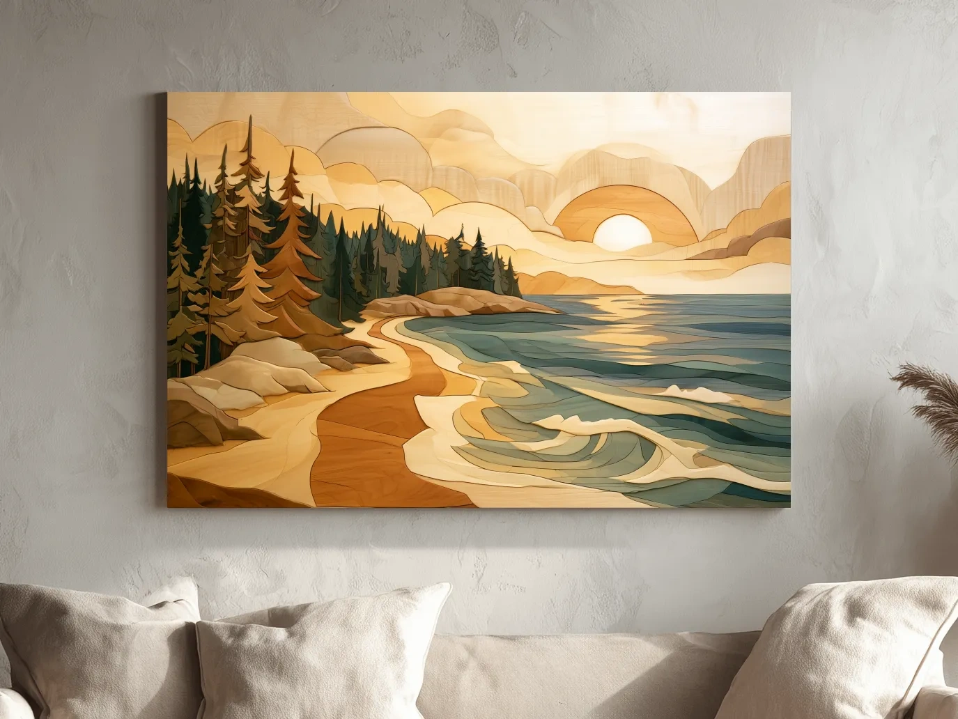 Coastal Sunset Forest - Wood Intarsia Style Seascape Wall Art