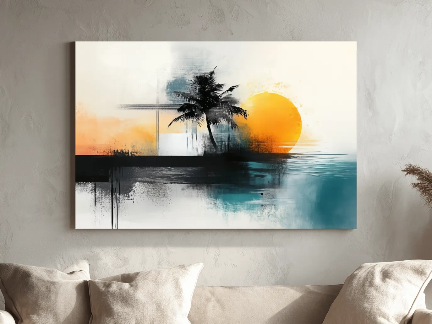 Abstract Tropical Palm Sunset Painting - Beach Horizon Wall Art