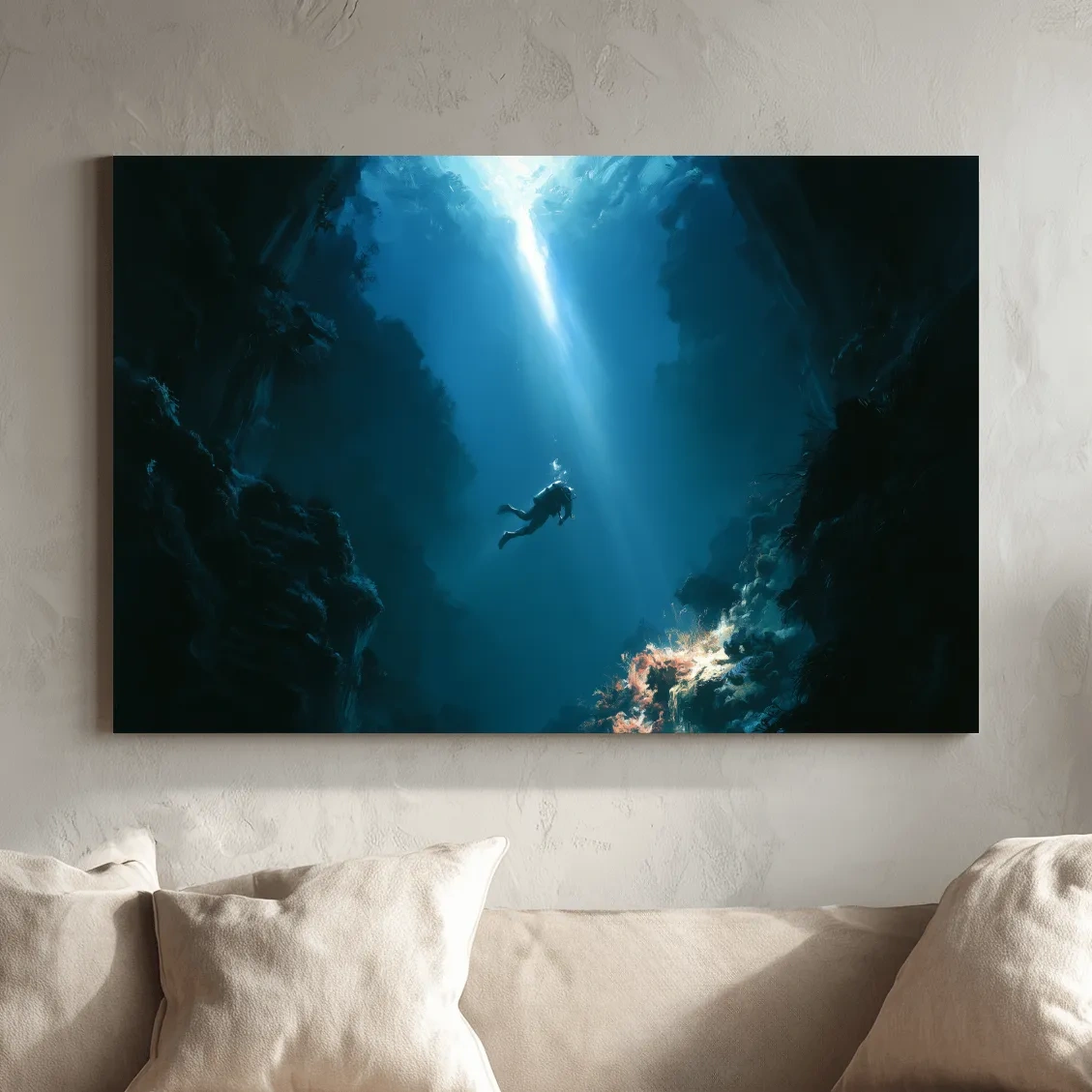 Surreal Underwater Scuba Diver Painting - Dramatic Deep Sea Wall Art