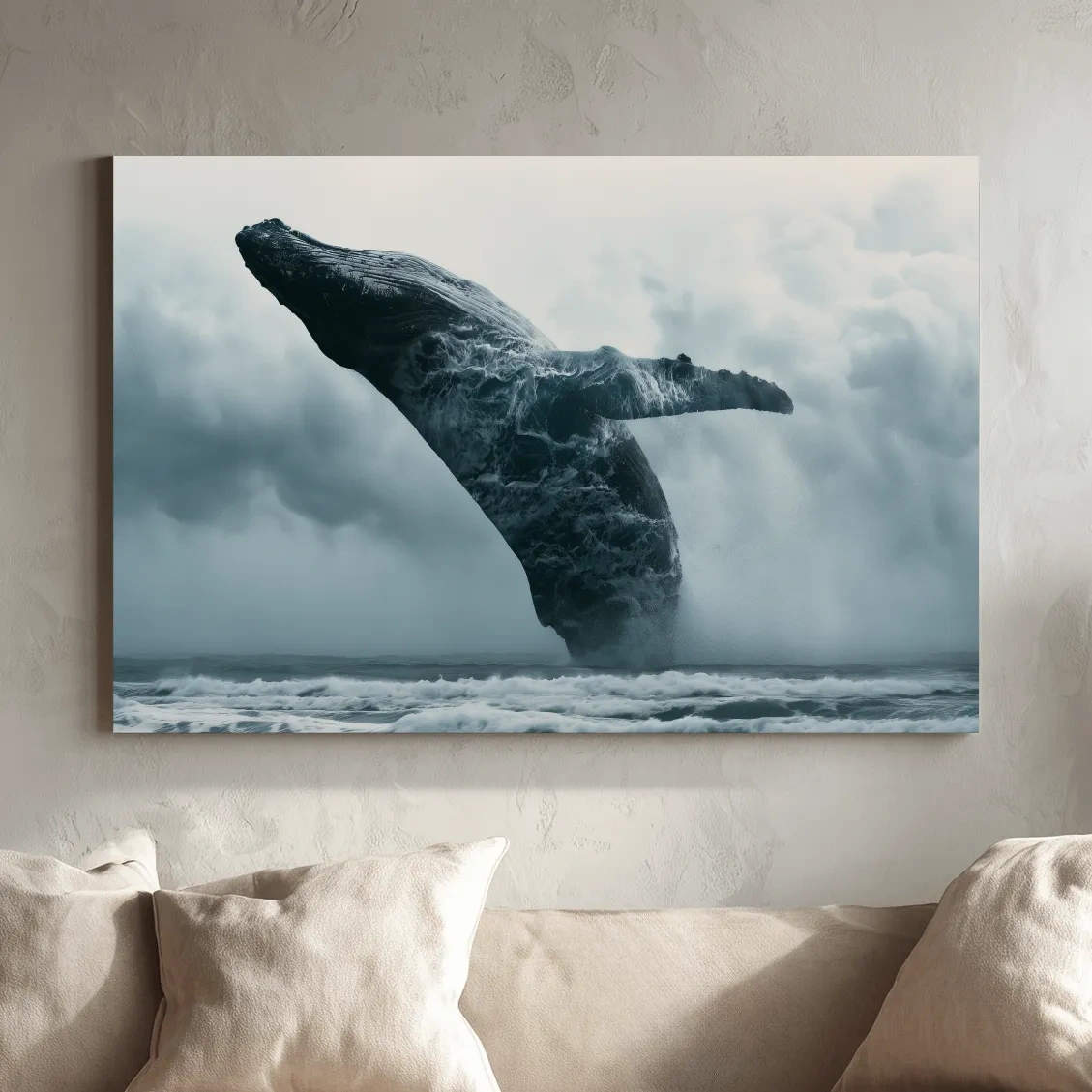 Surreal Humpback Whale Double Exposure - Stormy Ocean Illustration Wall Art