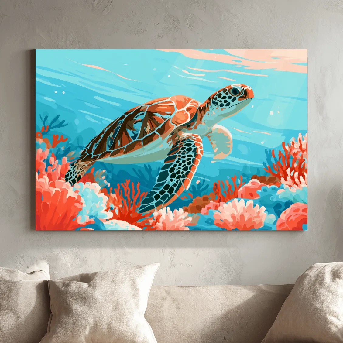 Mid-Century Sea Turtle Reef Illustration - Minimalist Marine Life Wall Art