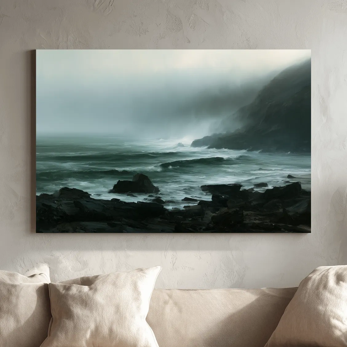 Misty Rocky Coastline Painting - Dramatic Foggy Seascape Wall Art