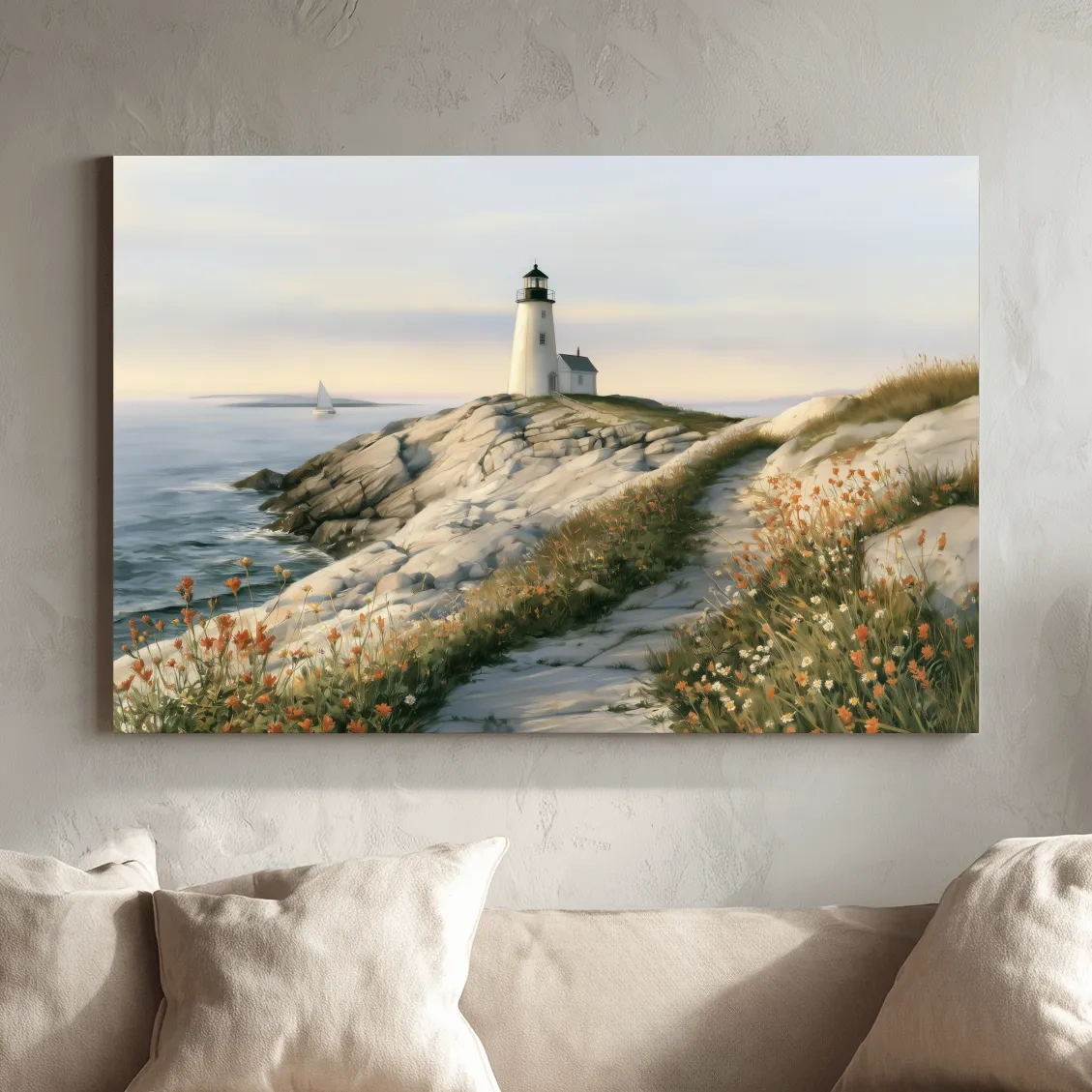 Serene Rocky Lighthouse Painting - Coastal Landscape Wall Art