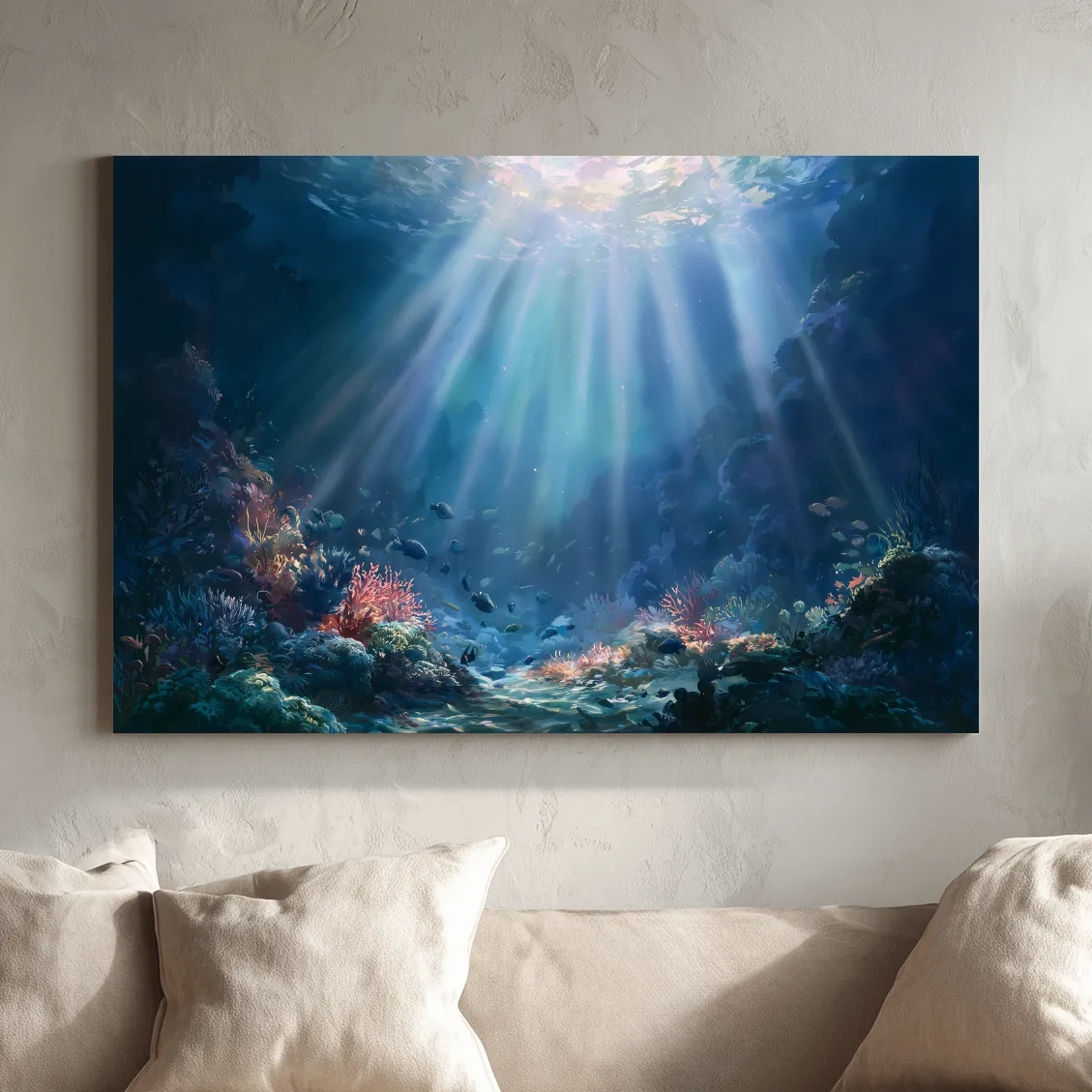 Sunlit Coral Reef Marine Life - Underwater Painting Wall Art