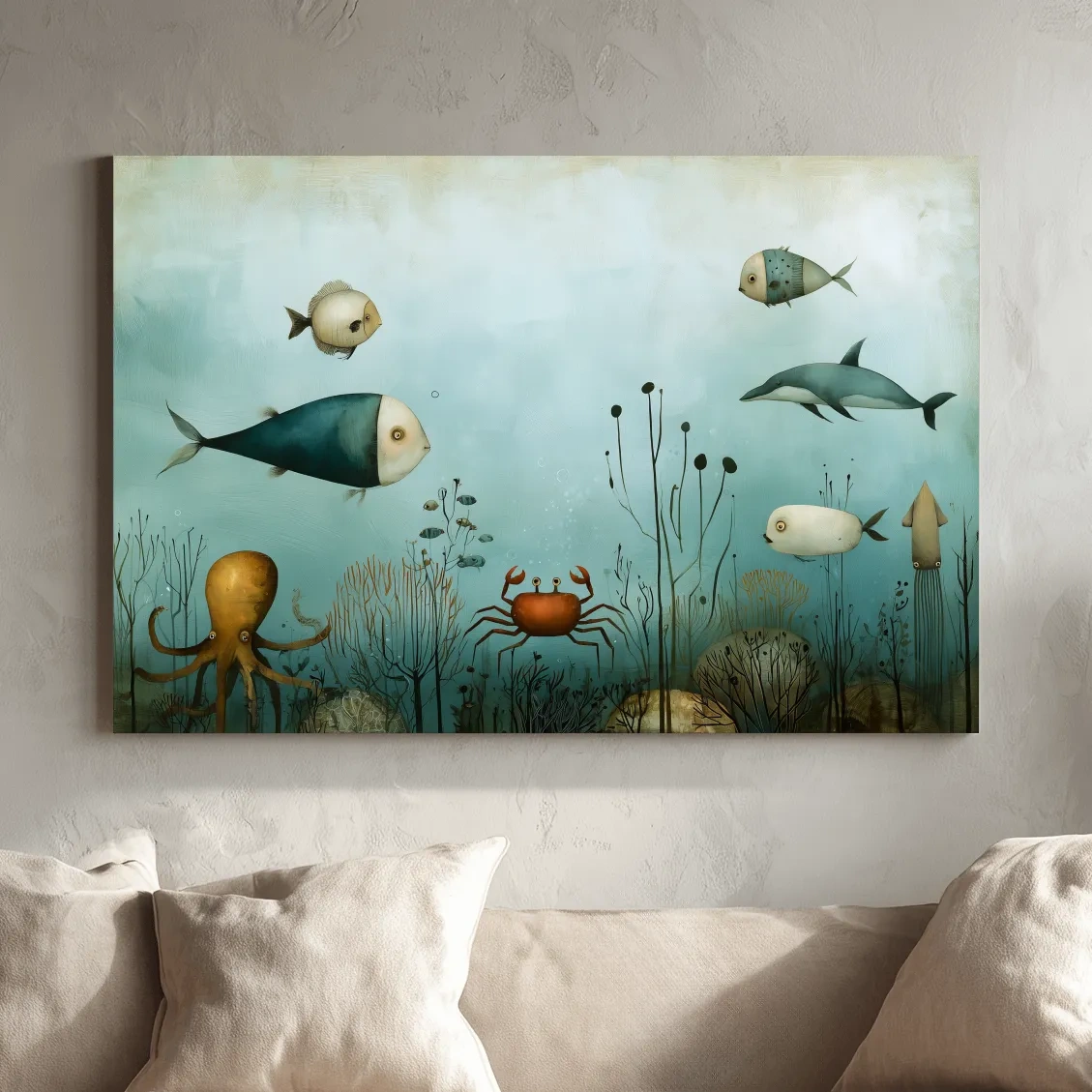 Whimsical Underwater Marine Life Painting - Fish Dolphin Octopus Crab Wall Art