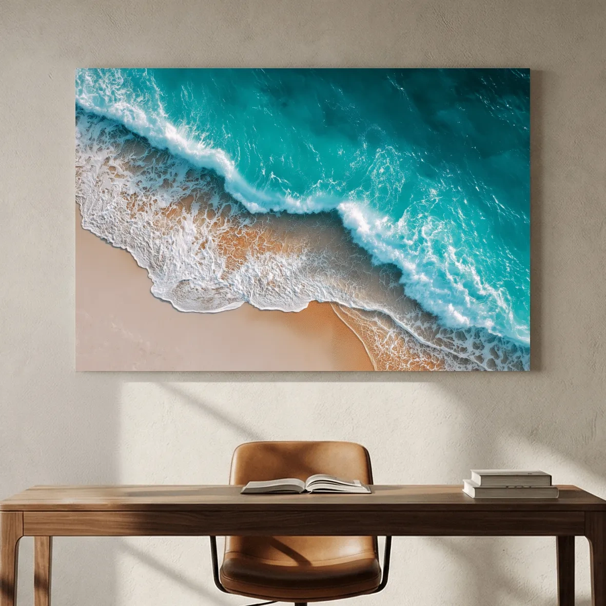 Aerial Tropical Waves on Sandy Beach - Serene Coastal Photographic Wall Art