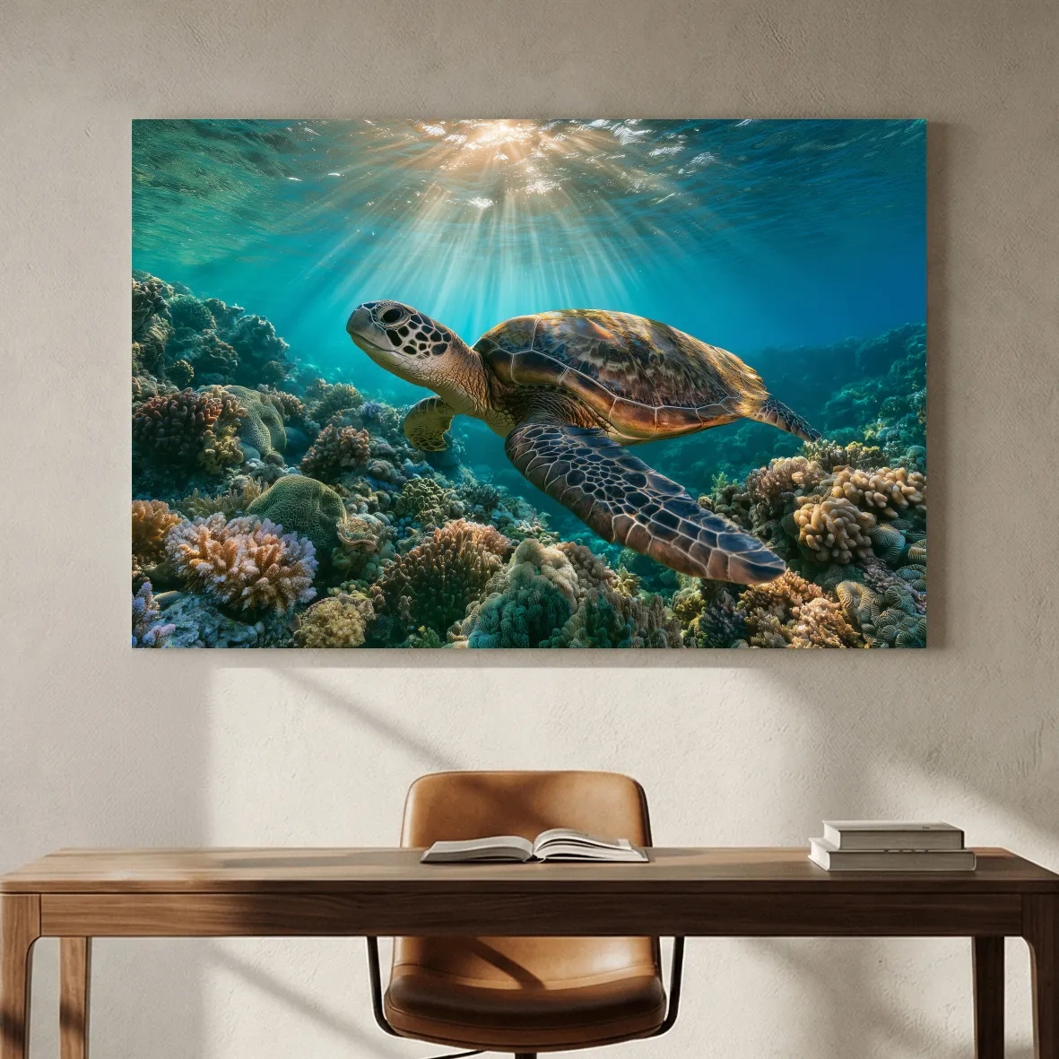 Sunlit Sea Turtle Coral Reef - Underwater Marine Life Photographic Artwork