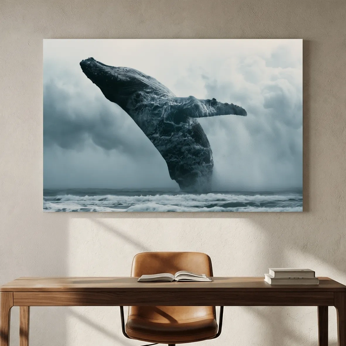Surreal Humpback Whale Double Exposure - Stormy Ocean Illustration Wall Art