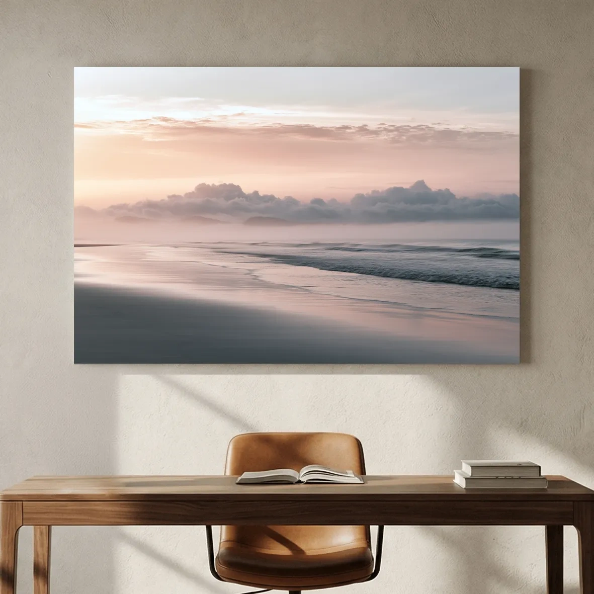 Misty Beach Horizon Painting - Minimalist Boho Wall Art