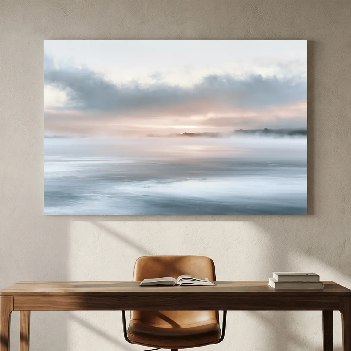 Misty Coastal Morning Painting - Minimalist Boho Seascape Wall Art