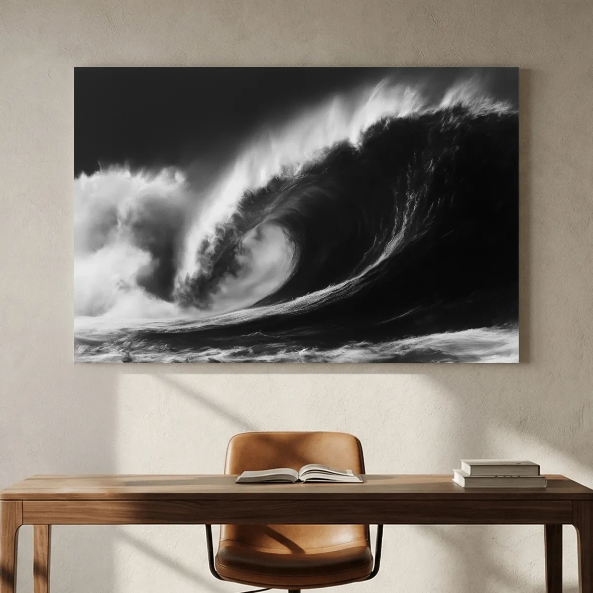 Abstract Curling Wave Drawing - Dramatic Monochrome Ocean Wall Art