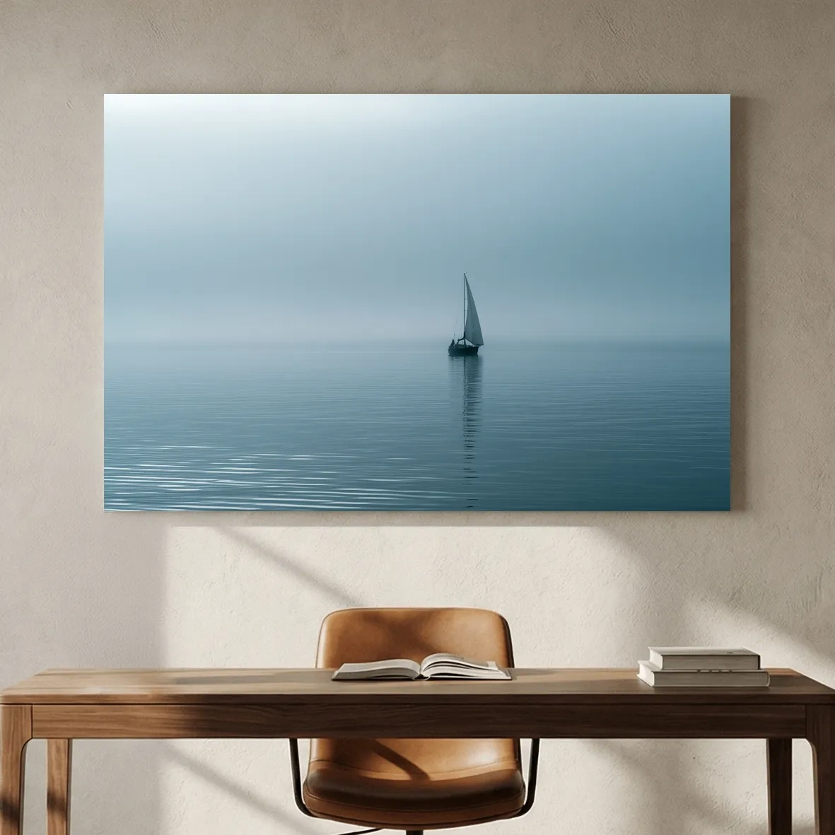 Misty Sailboat Horizon - Minimalist Photographic Ocean Wall Art