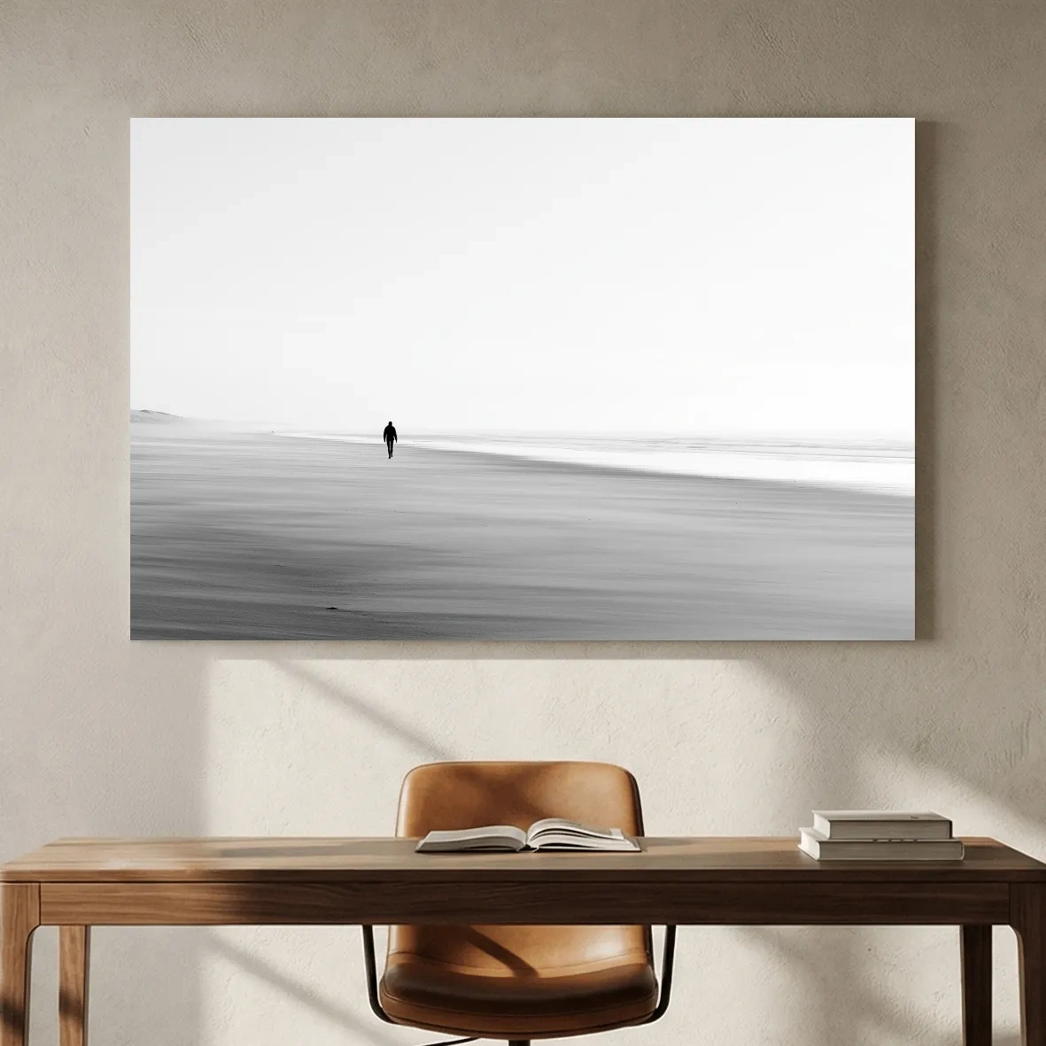 Misty Solitary Figure Beach Painting - Minimalist Shore Wall Art