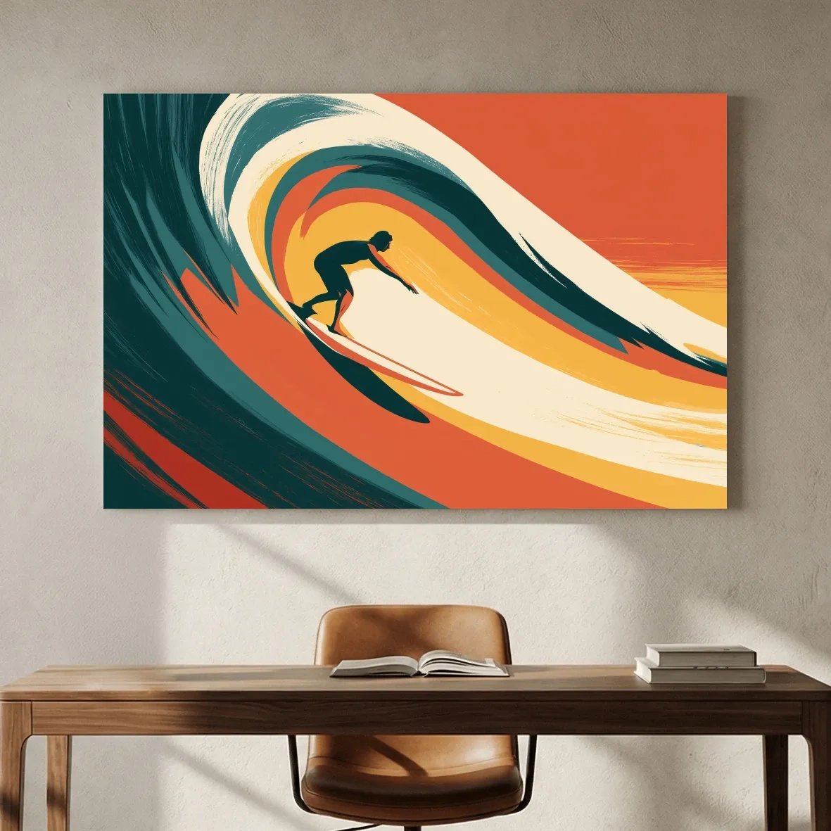Mid-Century Surfer Riding Wave - Retro Vector Ocean Wall Art