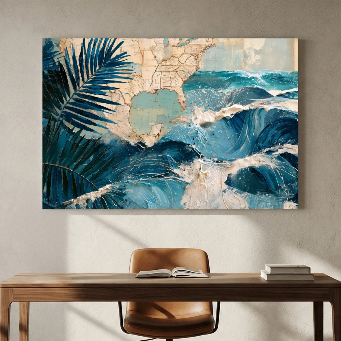 Tropical Palm Waves Map Collage - Mixed Media Ocean Wall Art