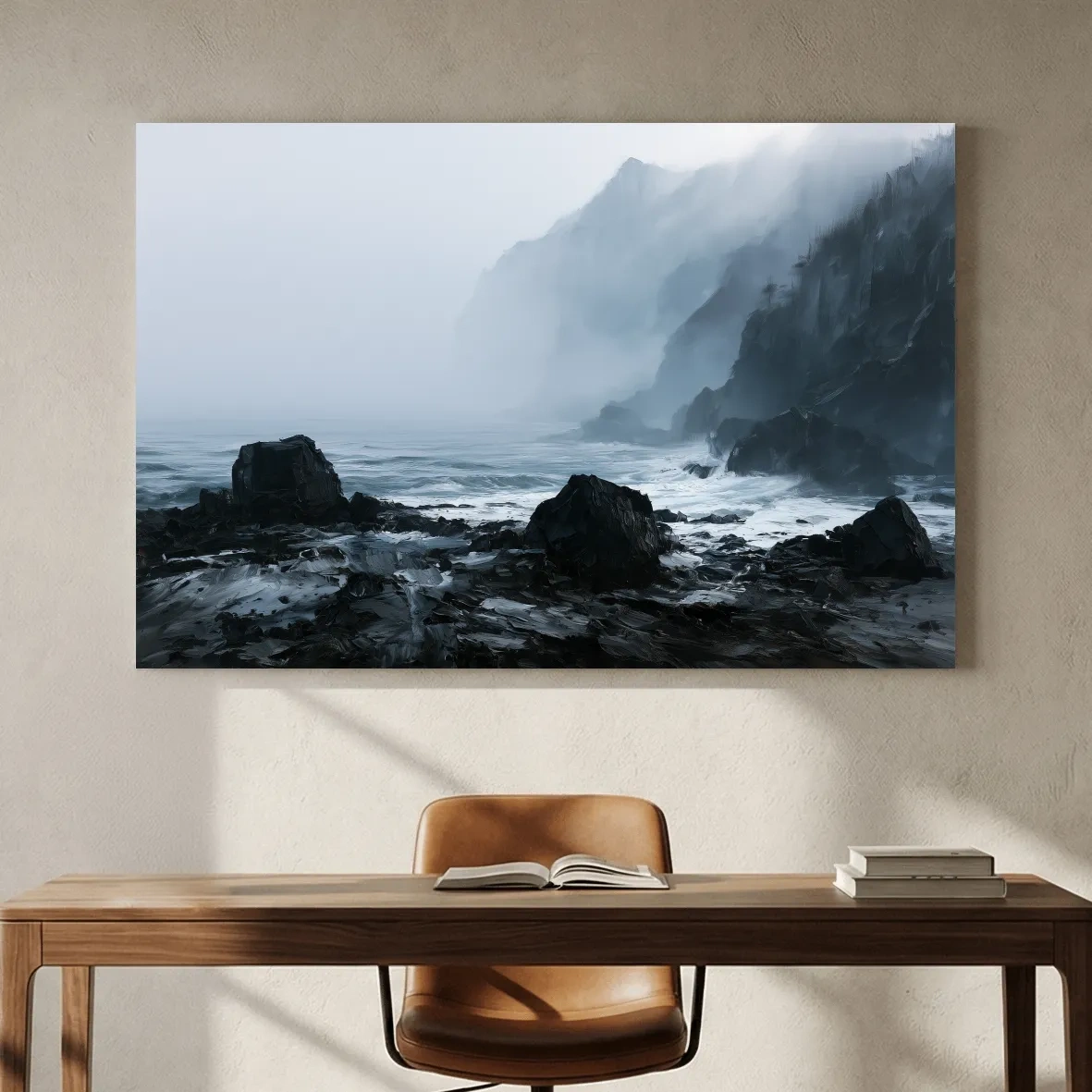 Misty Rocky Coastline Painting - Dramatic Foggy Seascape Wall Art