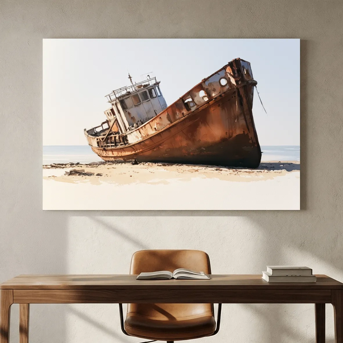 Rustic Shipwreck Watercolour Painting - Weathered Beach Nautical Wall Art