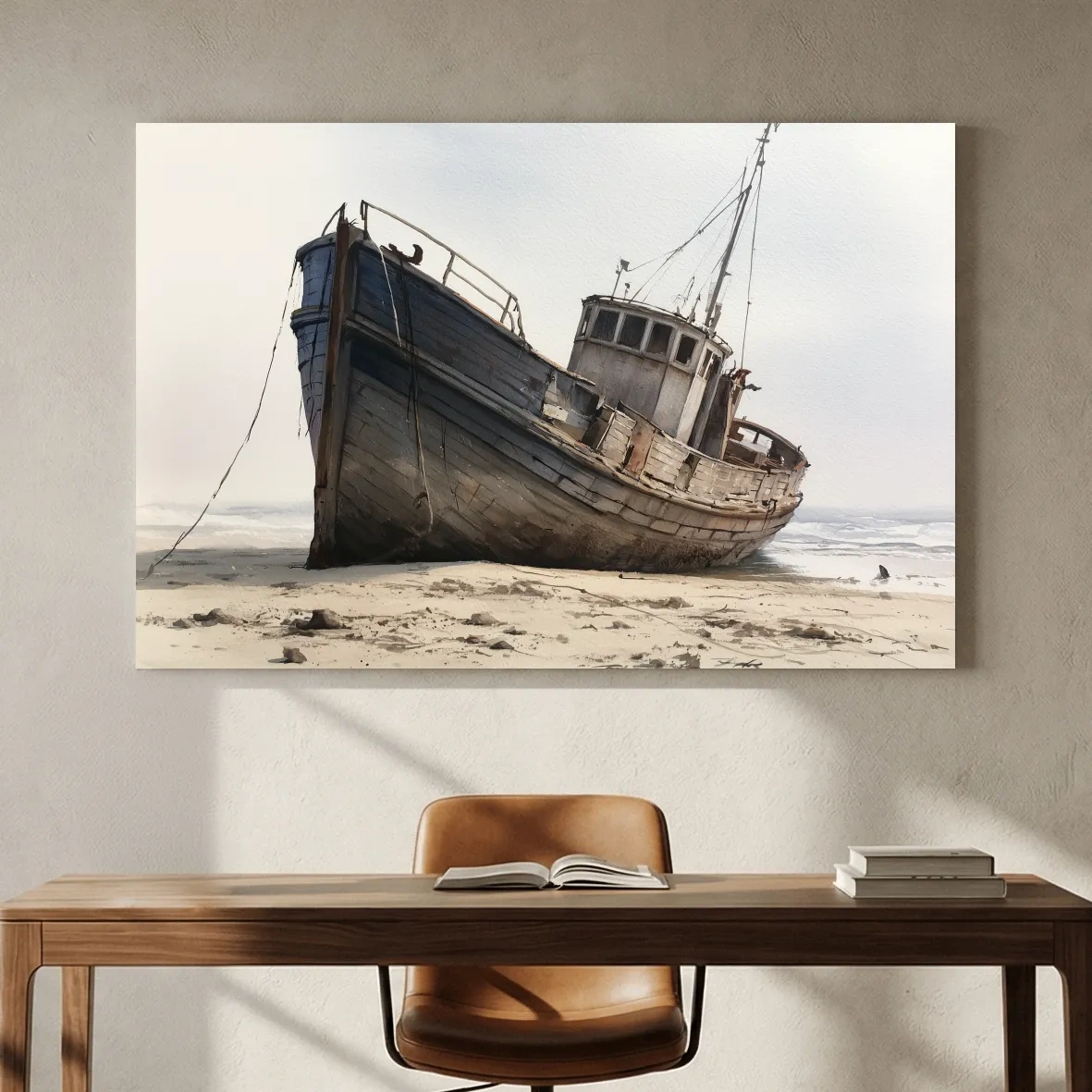 Rustic Shipwreck Watercolour Painting - Weathered Nautical Beach Wall Art
